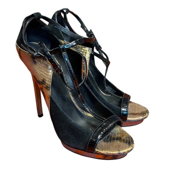 BRIAN ATWOOD Animal Print Reptile Gold Campisa T Strap Platform Sandal Heels 6.5 - Picture 7 of 9